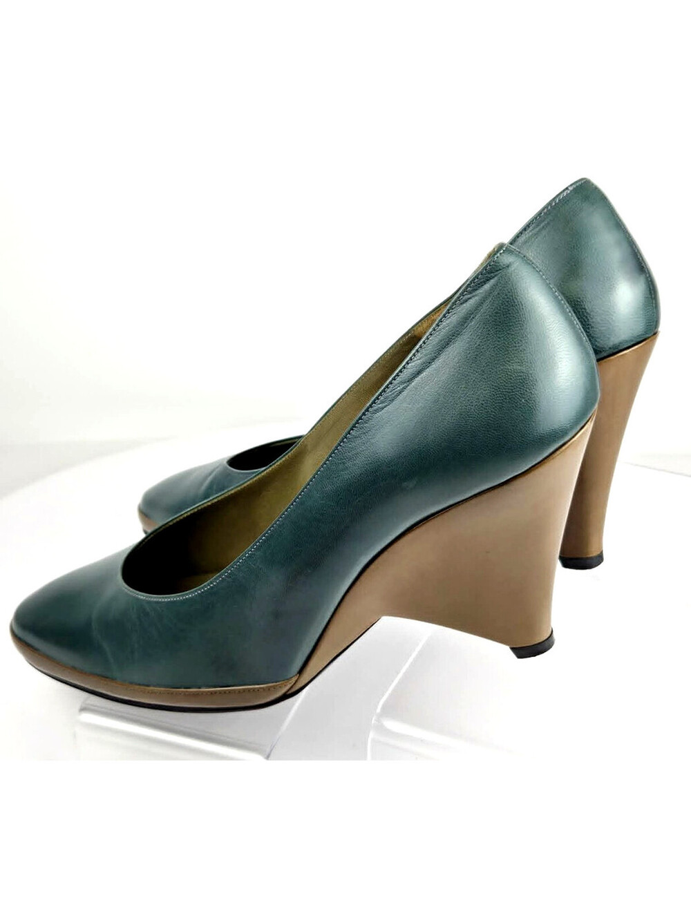 Charles Jourdan Paris Teal Leather Wedge Pumps Vintage 70s 80s EU 37 france